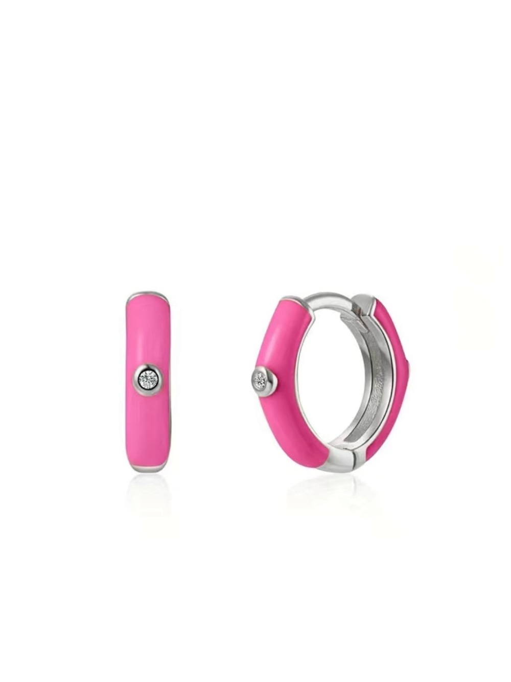 Pink Enamel Hoop Earrings with Accent Crystal
